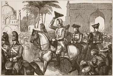 Generál Goddard vchází do Surat, ilustrace z Cassells Illustrated History of India od Jamese Granta, hospoda. 1879