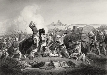 Útok generála Havelocka na Nana Sahib ve Futtypore v roce 1857, z „Historie indické vzpoury“, vydané v roce 1858