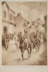 Generál Sir Pertab Singh vede Jodhpurské kopiníky francouzskou vesnicí, 1914-19
