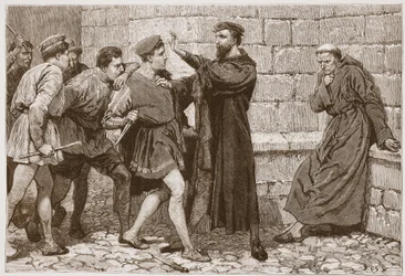 George Wishart se brání svému budoucímu vrahovi, ilustrace z knihy „The History of Protestantism“ od Jamese Aitkena Wylieho (1808-1890), vydáno 1878