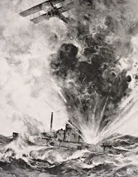 Německá ponorka bombardována a potopena 26. srpna 1915, z „The War Illustrated Album deLuxe“ vydaného Londýn 1916 (litho)