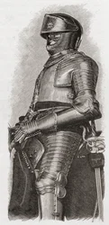 Zlacené brnění, které město Londýn darovalo Karlu I., z „Krátké historie anglického lidu“ od J. R. Greena, vydané v roce 1893