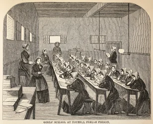 Dívčí škola ve věznici Tothill Fields, ilustrace z knihy The Criminal Prisons of London and Scenes from Prison Life od Henryho Mayhewa a Johna Binnyho, vyd. 1862