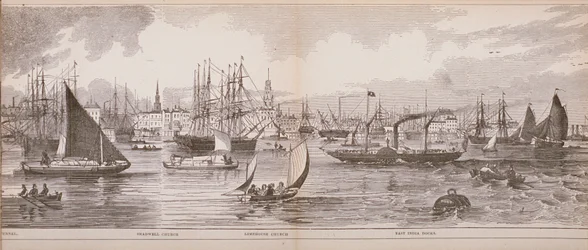 Grand Panorama of London, od řeky Temže při pohledu na Shadwell, East India Docks a Limehouse, 1849 (dřevoryt)