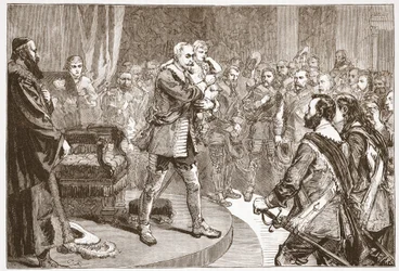 Gustavus Adolphus opouští Státy, ilustrace z Historie protestantismu od Jamese Aitkena Wylie (1808-1890), hospoda. 1878