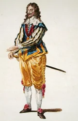 Zvyk Karla I. (1600-49) v roce 1630 (barevná rytina)