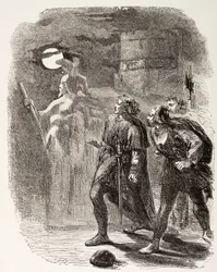 Hamlet, Horatio a Marcellus vidí ducha, z „The Illustrated Library Shakespeare“, vydané v Londýně 1890