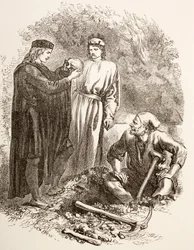 Hamlet drží Yorickovu lebku, ilustrace k V. dějství, I. scéně Hamleta, z publikace „The Illustrated Library Shakespeare“, vydané v Londýně roku 1890