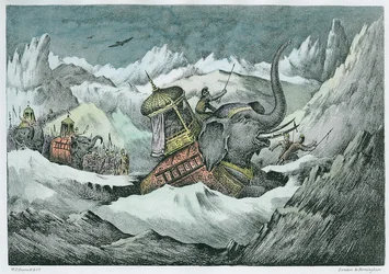 Hannibal (247-c.183 př. n. l.) a jeho váleční sloni při přechodu Alp (pozdější kolorování)