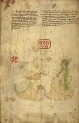 Harley 318, f.8v Jindřich VI., anglický král, a jeho manželka Markéta z Anjou, ilustrace z „Historie a genealogie králů...Anglie“ (vellum)