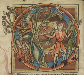 Harley 4751, f.6v Jednorožec zlákán pannou, ilustrace z Bestiáře