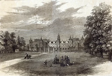 Hatfield House, sídlo markýze ze Salisbury, z „The Illustrated London News“, 11. července 1874 (rytina)