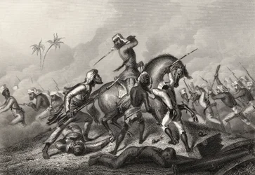 Sloupec Havelocks útočící na vzbouřence před Cawnpore, z „Historie indické vzpoury“ vydané v roce 1858