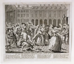 On a jeho opilí společníci vyvolávají nepokoje v Covent Garden, 1735