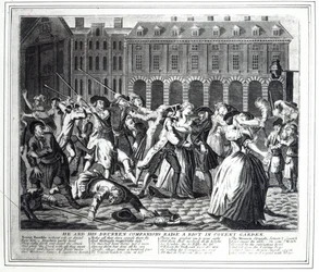 On a jeho opilí společníci vyvolávají vzpouru v Covent Garden, z pirátského seriálu založeného na Hogarthově 