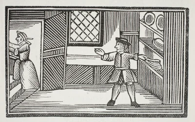 Šel do spíže a pomohl si chlebem s máslem, ilustrace z Chap-books of the Eighteenth Century od Johna Ashtona, hospoda. 1882