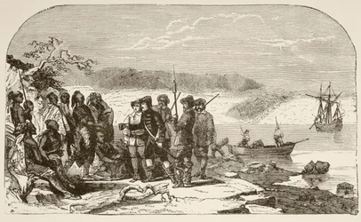 Henry Hudson nabízí likér Indiánům v roce 1609 (litho)
