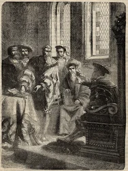 Jindřich VIII. a jeho koncil, který nařídil překlad Bible do angličtiny - 1538 - rytina z „“Historie Anglie““ od Cassella Pettera & Galpina