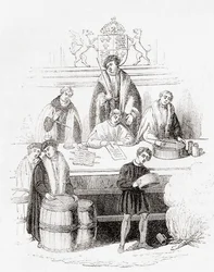 Jindřich VII. soud o vahách a mírách u státní pokladny v roce 1497, ze staré Anglie: Obrazové muzeum, hospoda. 1847