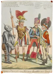 „Hrdinové v radě – aneb vojenská hádka o šaty“, kolem roku 1820 (barevná rytina)