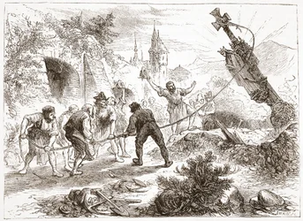 Hottinger ničí obraz, ilustrace z Historie protestantismu od Jamese Aitkena Wylie (1808-1890), hospoda. 1878