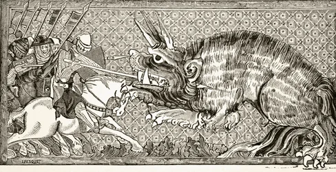 Jak Alexander bojoval se zvířetem, po miniaturě v rukopisu ze 13. století, z „Vědy a literatury ve středověku“, Paul Lacroix, 1878