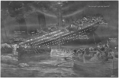 Jak se Titanic postupně potopil jako první a její světla plála do posledního, z The Sphere, 27. dubna 1912