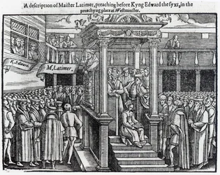 Hugh Latimer (asi 1485–1555) Kázání před králem Edwardem VI. (1537–53) ve Westminsteru v roce 1547, z knihy „Skutky a památky“ od Johna Foxe (1516–87) 1563