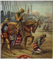 Stoletá válka: “” Bitva u Azincourtu dne 25. 10. 1415””. Král Jindřich V. (1387-1422) se před konfrontací s francouzskými vojsky modlil. Bitva o Agincourt: Král Jindřich Pátý se před bitvou modlí za vítězství.