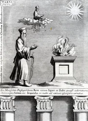 Ilustrace Zoroaster uctívající oheň a slunce, 1697