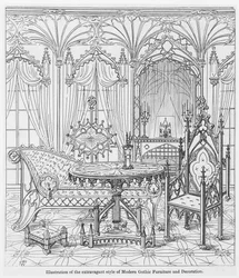 Ilustrace extravagantního stylu moderního gotického nábytku a dekorací, z True Principles of Pointed of Christian Architecture, od Augusta Welbyho Pugina (1812-52)