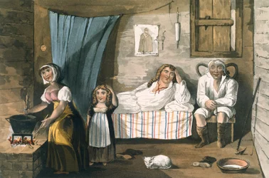 Uvnitř chalupy, z Malebné prohlídky anglických jezer od T.H. Fielding a J. Walton, vydal R. Ackermann, Londýn, 1821 (ručně kolorovaná akvatinta)