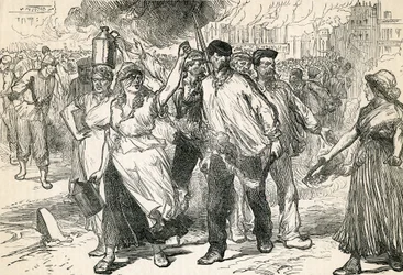 Povstalci pustoší ulice Paříže, převzato z Cassells Illustrated History, 1872