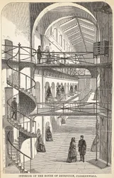 Interiér vazební věznice v Clerkenwellu, ilustrace z knihy The Criminal Prisons of London and Scenes from Prison Life od Henryho Mayhewa a Johna Binnyho, vyd. 1862