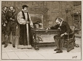 Rozhovor Bacona s lordskou deputací, ilustrace z Cassells Illustrated History of England (sépiová fotografie)
