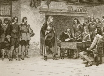 Rozhovor mezi Karlem a hrabětem z Denbighu, ilustrace z Cassells Illustrated History of England (sépiová fotografie)