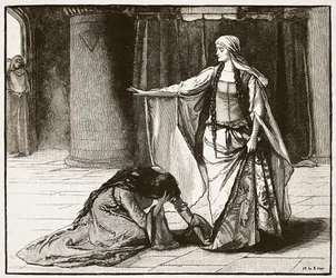 Rozhovor mezi císařovnou Matyldou a královnou Maud, ilustrace z Cassells Illustrated History of England (sépiová fotografie)
