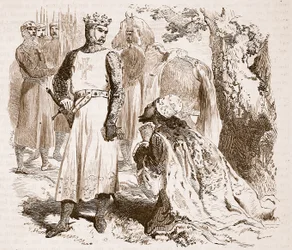 Isaac z Kypru prosí o propuštění své dcery, ilustrace z Cassells Illustrated History of England (sépiová fotografie)