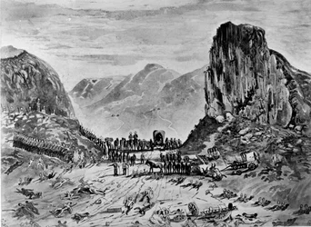Isandhlwana po bitvě, 1879 (pero a inkoust a mytí na papíře)