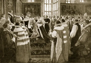 Jakub I. uvádí svého syna Charlese na trůn prince z Walesu, 1616, ilustrace z knihy Hutchinsons Story of the British Nation, cca 1923.