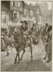 Jakub vjíždí do Dublinu po bitvě u Boyne, ilustrace z Cassells Illustrated History of England (sépiová fotografie)