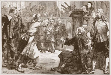 Janet Geddes hází stoličku u děkana z Edinburghu, ilustrace z Historie protestantismu od Jamese Aitkena Wylie (1808-1890), hospoda. 1878