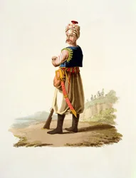 Janičář, z díla Oděvy různých národů, svazek VII, Vojenský oděv Turecka, od Thomase MacLeana, vydáno kolem 1800-18