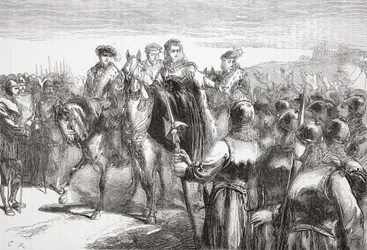 Jeanne DAlbret, královna Navarre, promluva k hugenotským vojákům, ilustrace z Historie protestantismu od Jamese Aitkena Wylie (1808-1890), hospoda. 1878