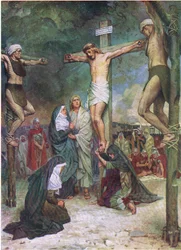 Ježíš na kříži, z knihy The Bible Picture Book vydané nakladatelstvím Thomas Nelson, cca 1950 (barevná litografie)