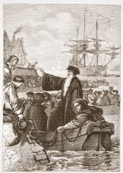 John Alasco a jeho kongregace opouštějící Anglii, ilustrace z Historie protestantismu od Jamese Aitkena Wylie (1808-1890), hospoda. 1878