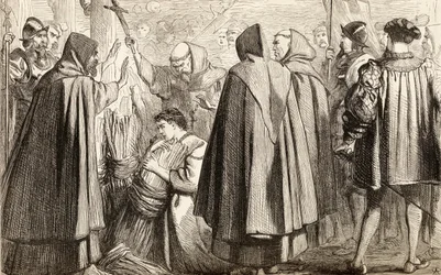 John Frith bude upálen na hranici za kacířství v roce 1533, kolem roku 1865 (dřevoryt)