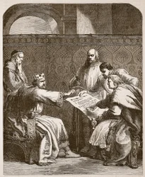 Jan odmítá podepsat artikuly baronů, ilustrace z Cassells Illustrated History of England (sépiová fotografie)