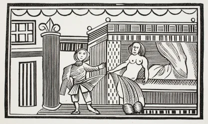 Joseph a jeho milenka, ilustrace z Chap-books of the Eighteenth Century od Johna Ashtona, hospoda. 1882