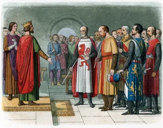 Anglický král Jindřich III. čelící baronské komisi vedené Simonem V. z Montfortu, ilustrace z „A Chronicle of England“ od Jamese Doyla